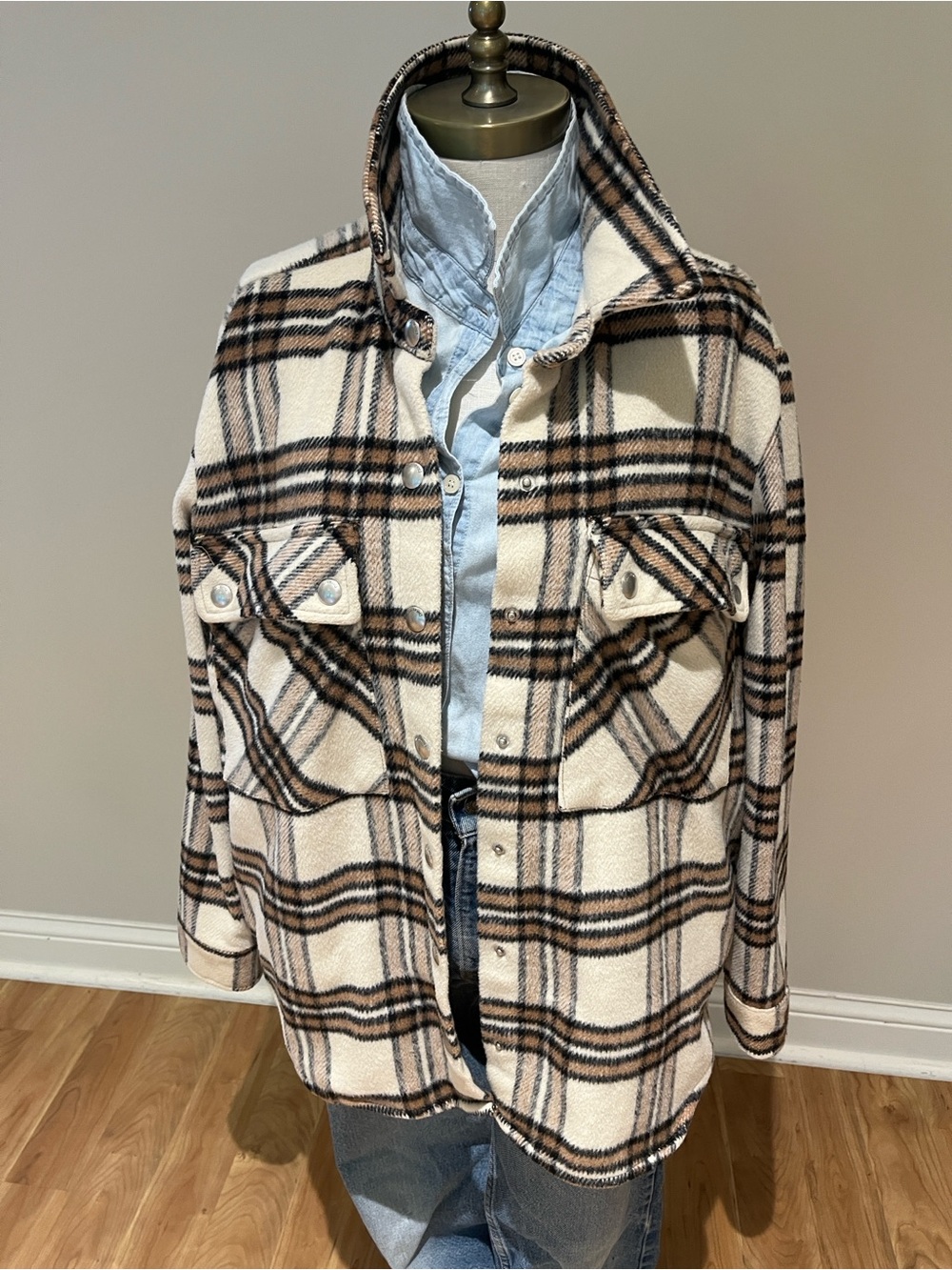 Blank NYC Plaid Shacket in Cream and Brown plaid size M